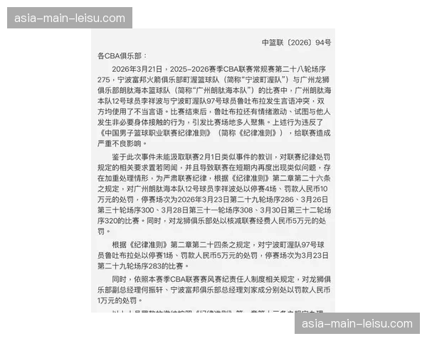 【2026年4月CBA联赛·非赛事·法制CBA官方公布罚单：山西队球员因赛后在社交媒体发表不当言论被停赛两场